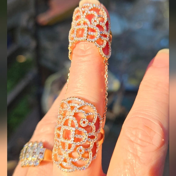 White sapphire sterling & rosegold finger cuff sz7 adjustable - Picture 4 of 7